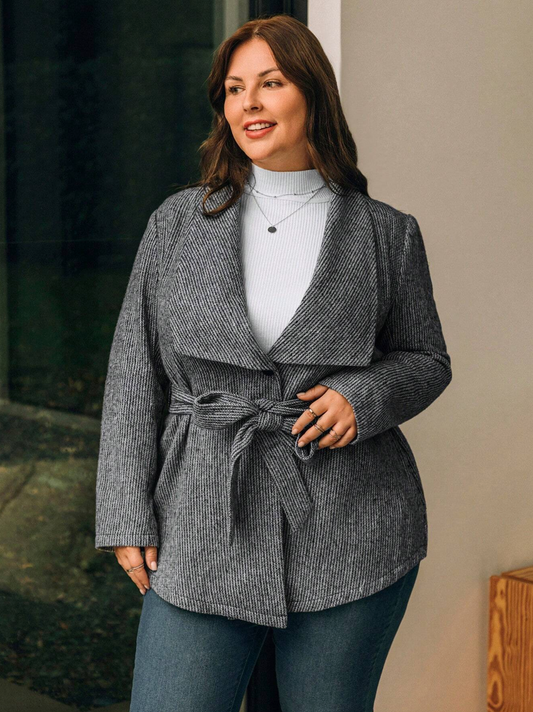 Plus Size Striped Waterfall Collar Belted Woolen Coat