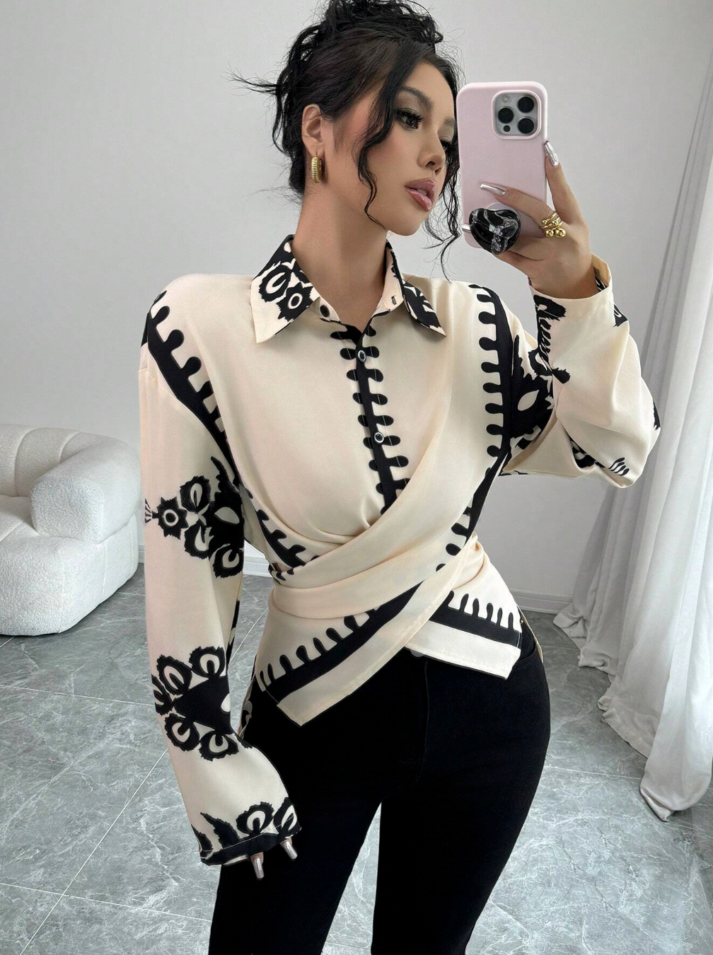 Printed Cinched Waist Cross-Wrap Elegant Long Sleeve Blouse