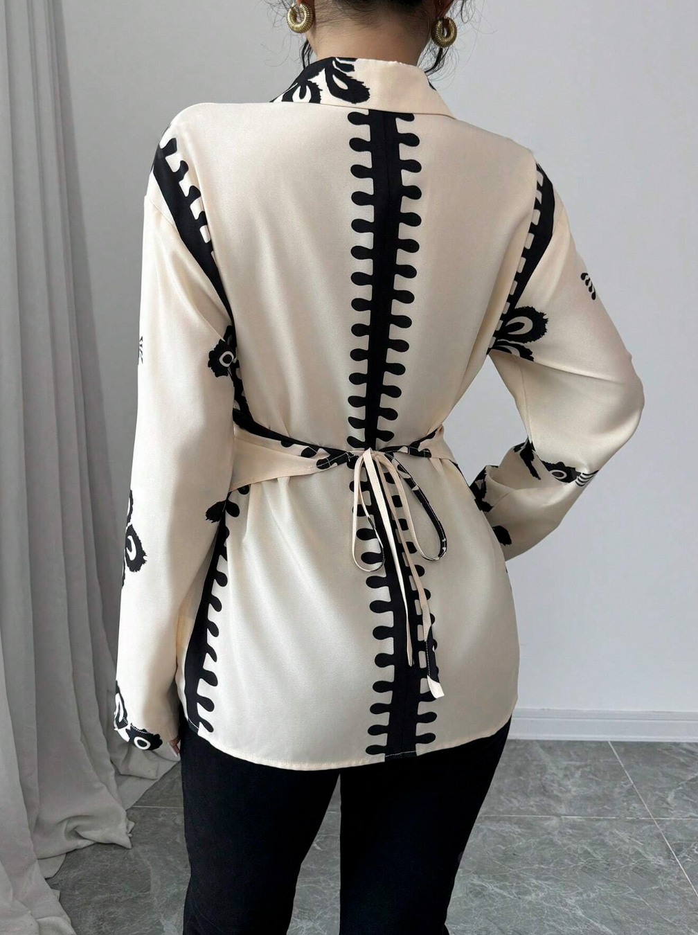 Printed Cinched Waist Cross-Wrap Elegant Long Sleeve Blouse