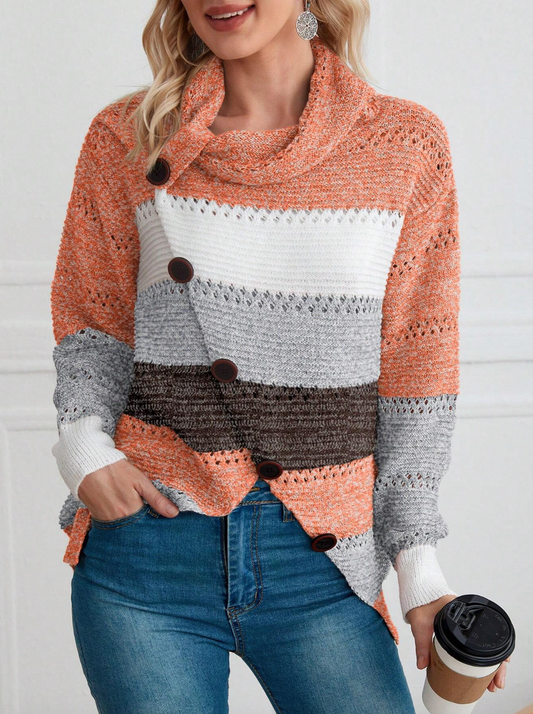 Color Block Cowl Neck Pointelle Knit Sweater