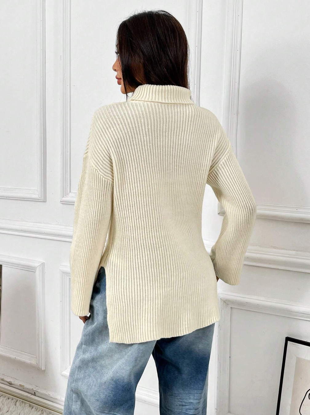 Solid High Neck Rib-Knit Casual All-Match Pullover Sweater