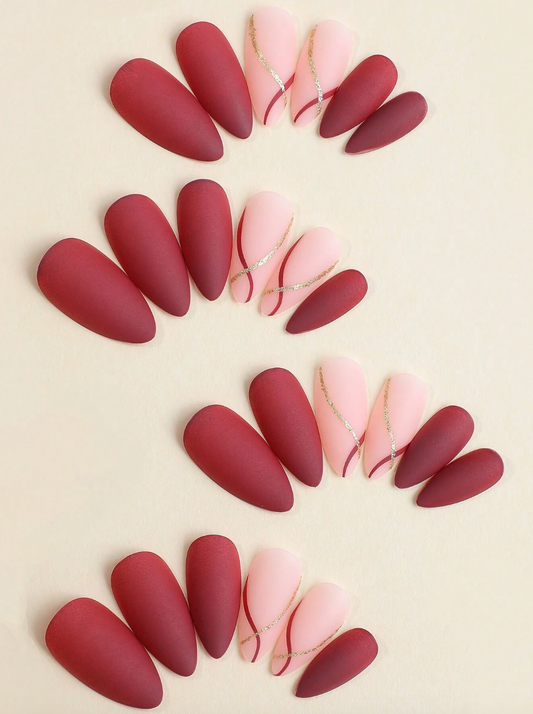 24pcs Matte Almond Shape Golden And Red Stripe Fake Nails