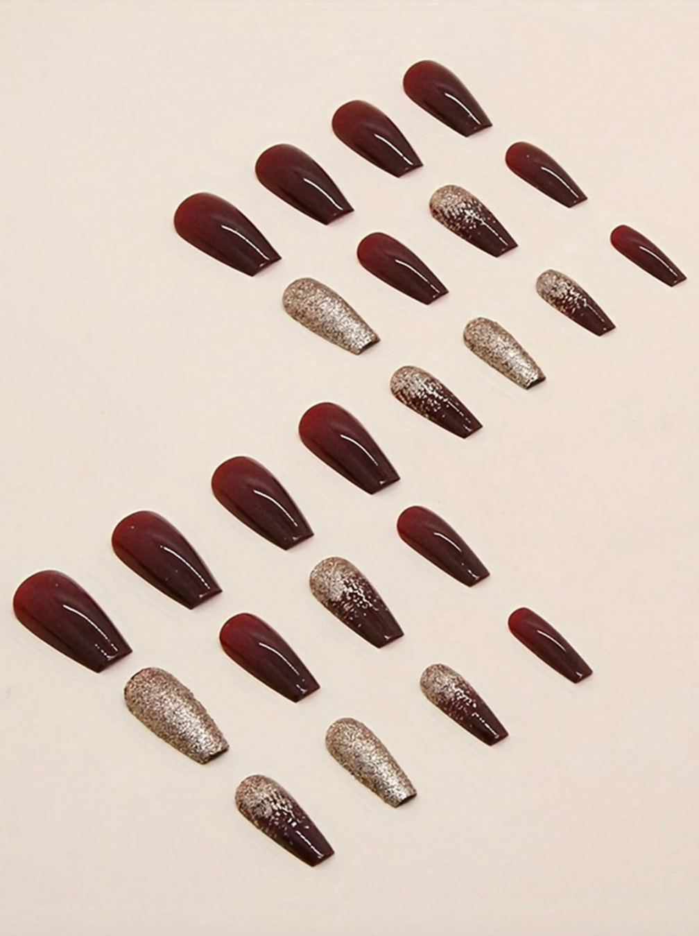 24pcs Coffin Square Press On Elegant Burgundy Glitter Fake Nails