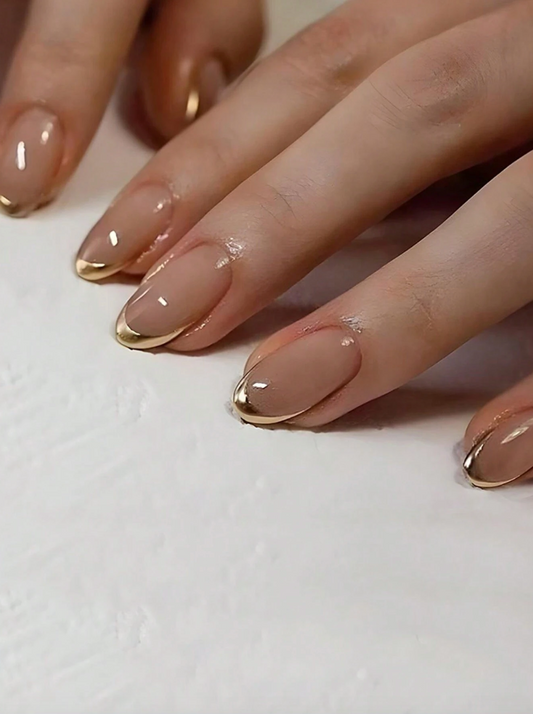 24pcs Simple Gold French Style Long Press-On Elliptical Shape False Nails Set