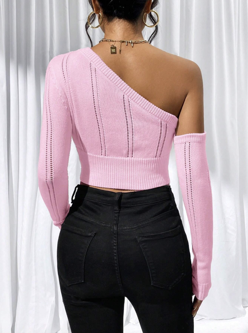 Asymmetric Collar Fitted Open Shoulder Cropped Sweater