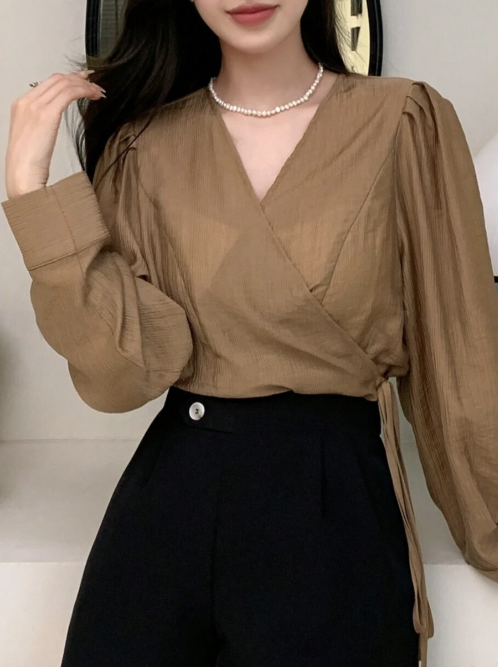 V-Neck Long Sleeve Tie-Waist Blouse Tshirt