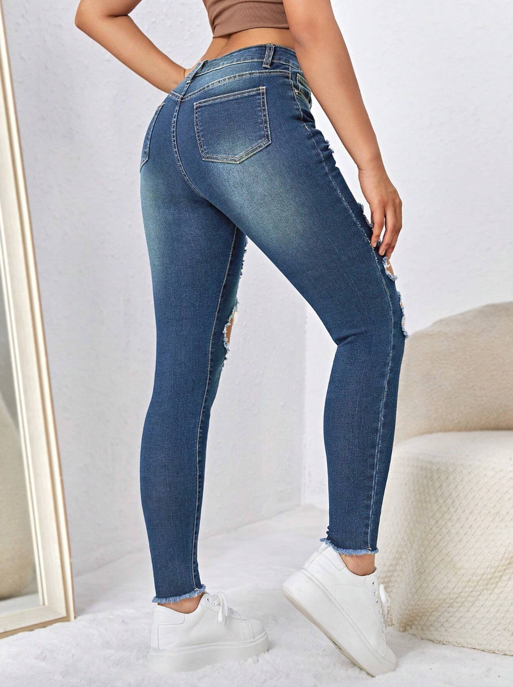 Distressed Hem Ribbed Jeans