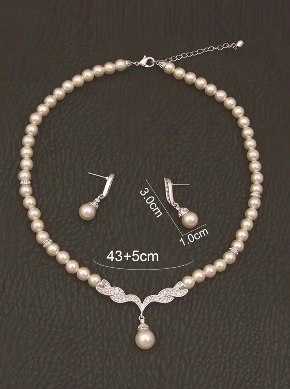 Glass Pearl With Rhinestones Necklace Earring Set - 1 Necklace & 1 Pair Earrings