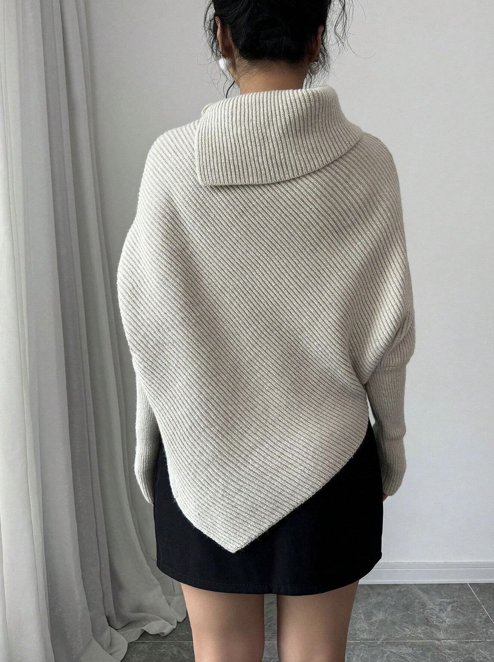 Solid Color Bat Sleeve Asymmetrical Hem Casual Sweater