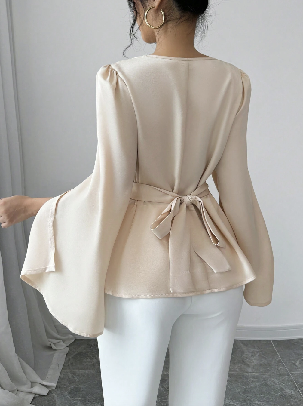 Solid Color Lapel Split Long Sleeve Elegant Blouse