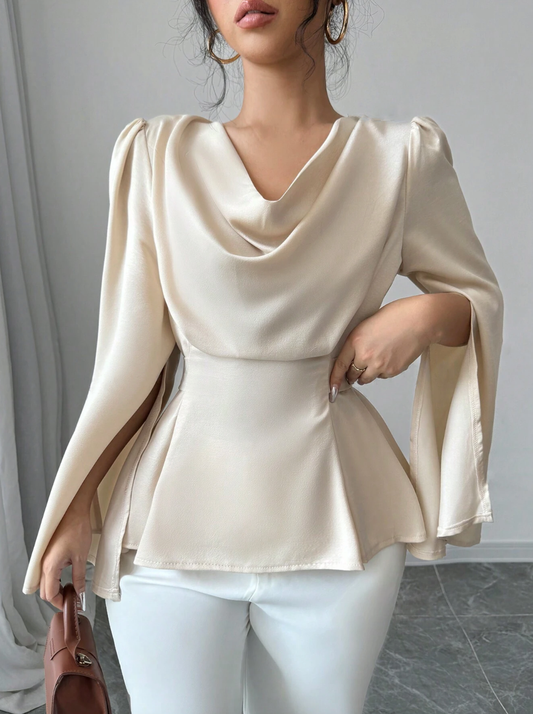 Solid Color Lapel Split Long Sleeve Elegant Blouse