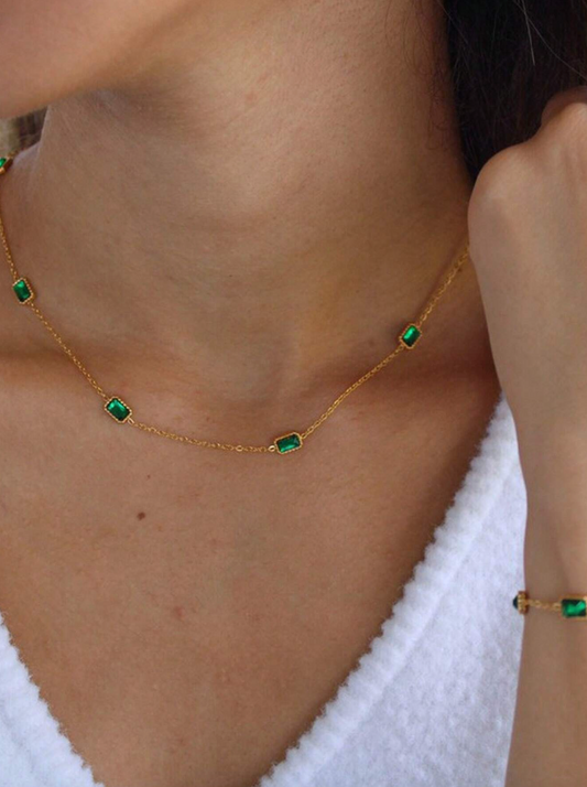 Stainless Steel Waterproof Gold-Color Grand Green Cubic Zirconia Necklace & Bracelet Set