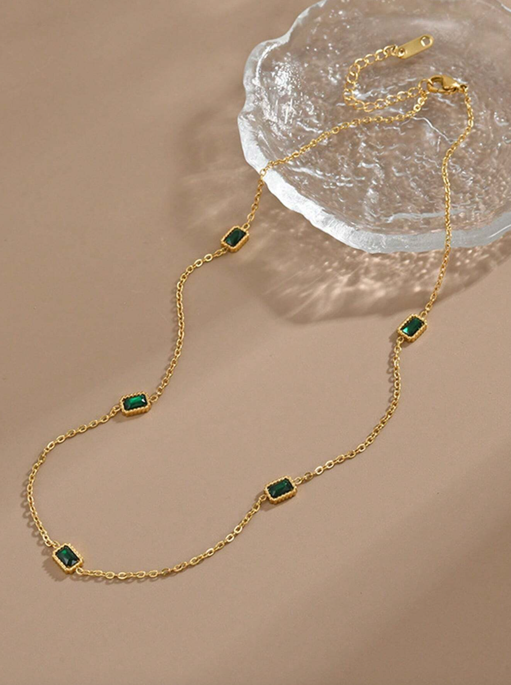 Stainless Steel Waterproof Gold-Color Grand Green Cubic Zirconia Necklace & Bracelet Set