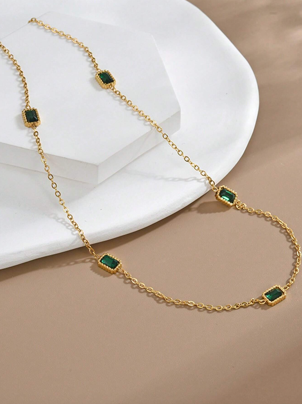 Stainless Steel Waterproof Gold-Color Grand Green Cubic Zirconia Necklace & Bracelet Set