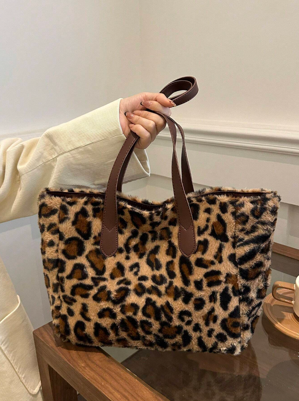 Stylish Leopard Print Plush Oversized Tote Bag