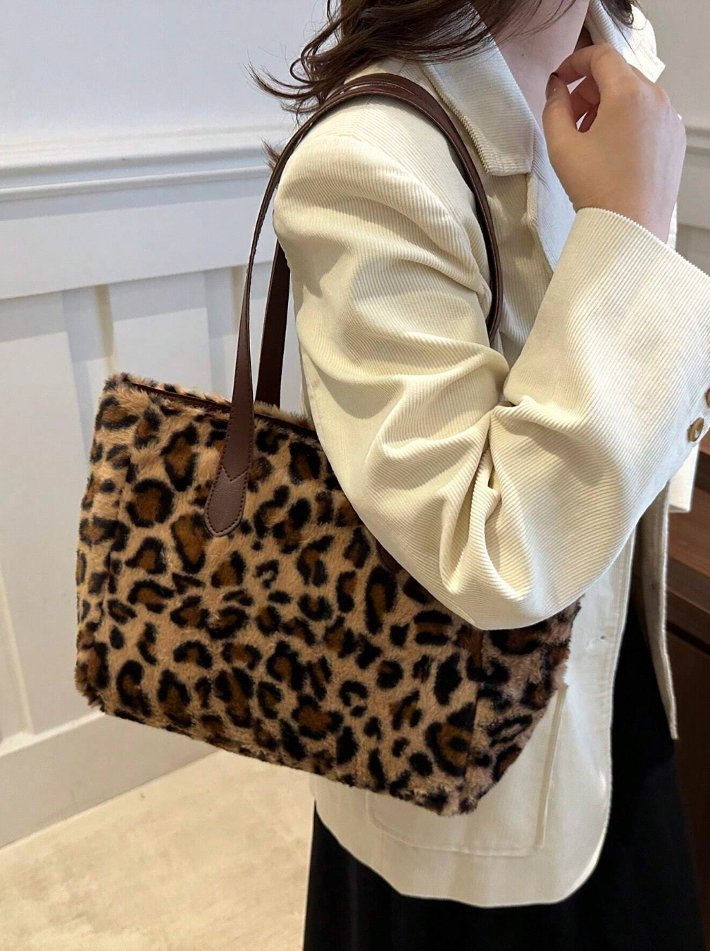 Stylish Leopard Print Plush Oversized Tote Bag