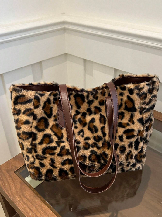 Stylish Leopard Print Plush Oversized Tote Bag