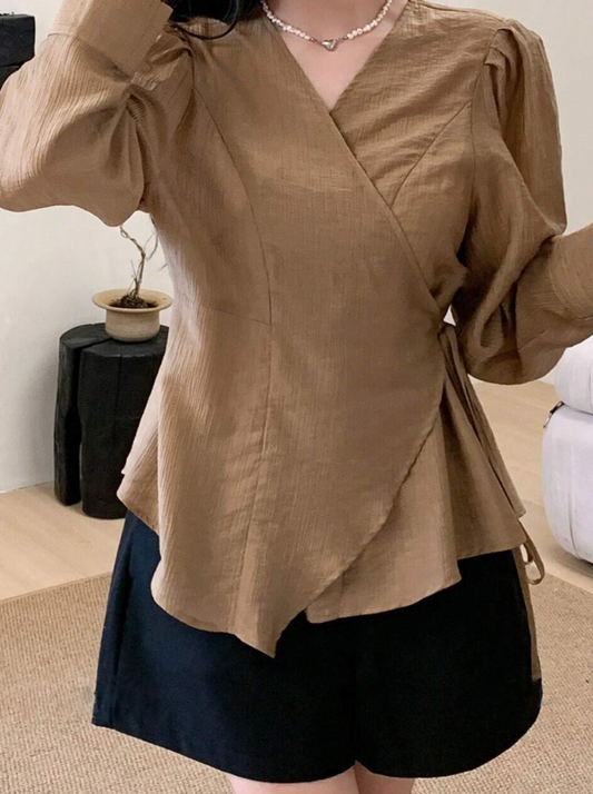 V-Neck Long Sleeve Tie-Waist Blouse Tshirt