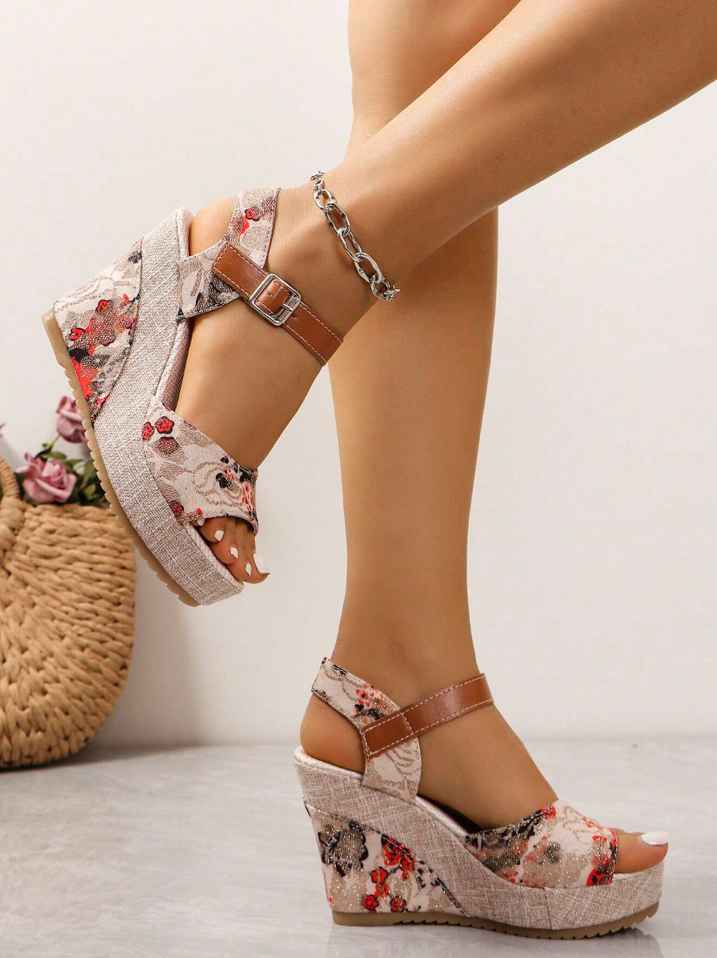 Open Toe Sandals With Ankle Strap Buckle Wedge Heel