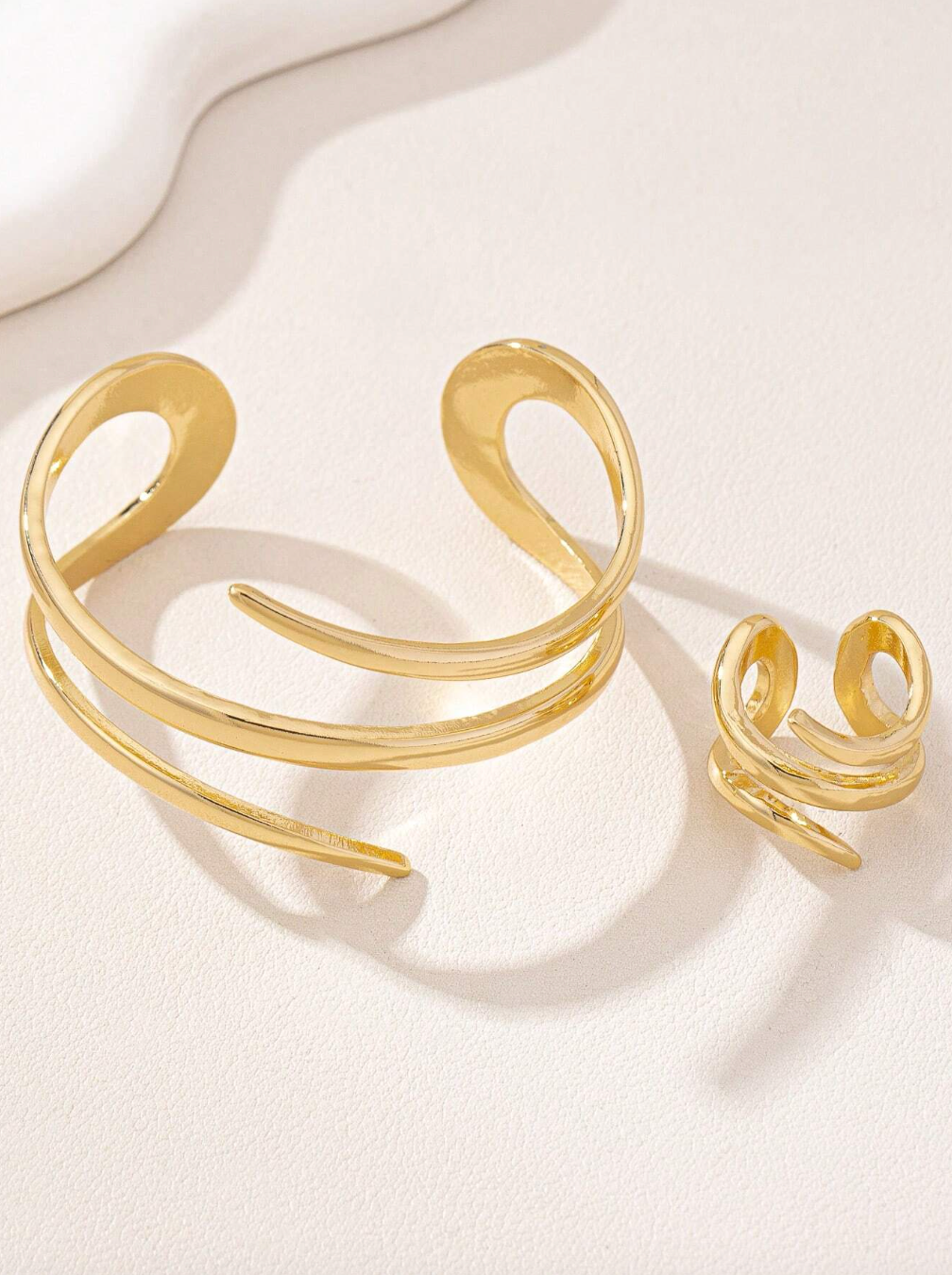 One Geometric Line Gold Bracelet And One Geometric Line Thick Ring Set